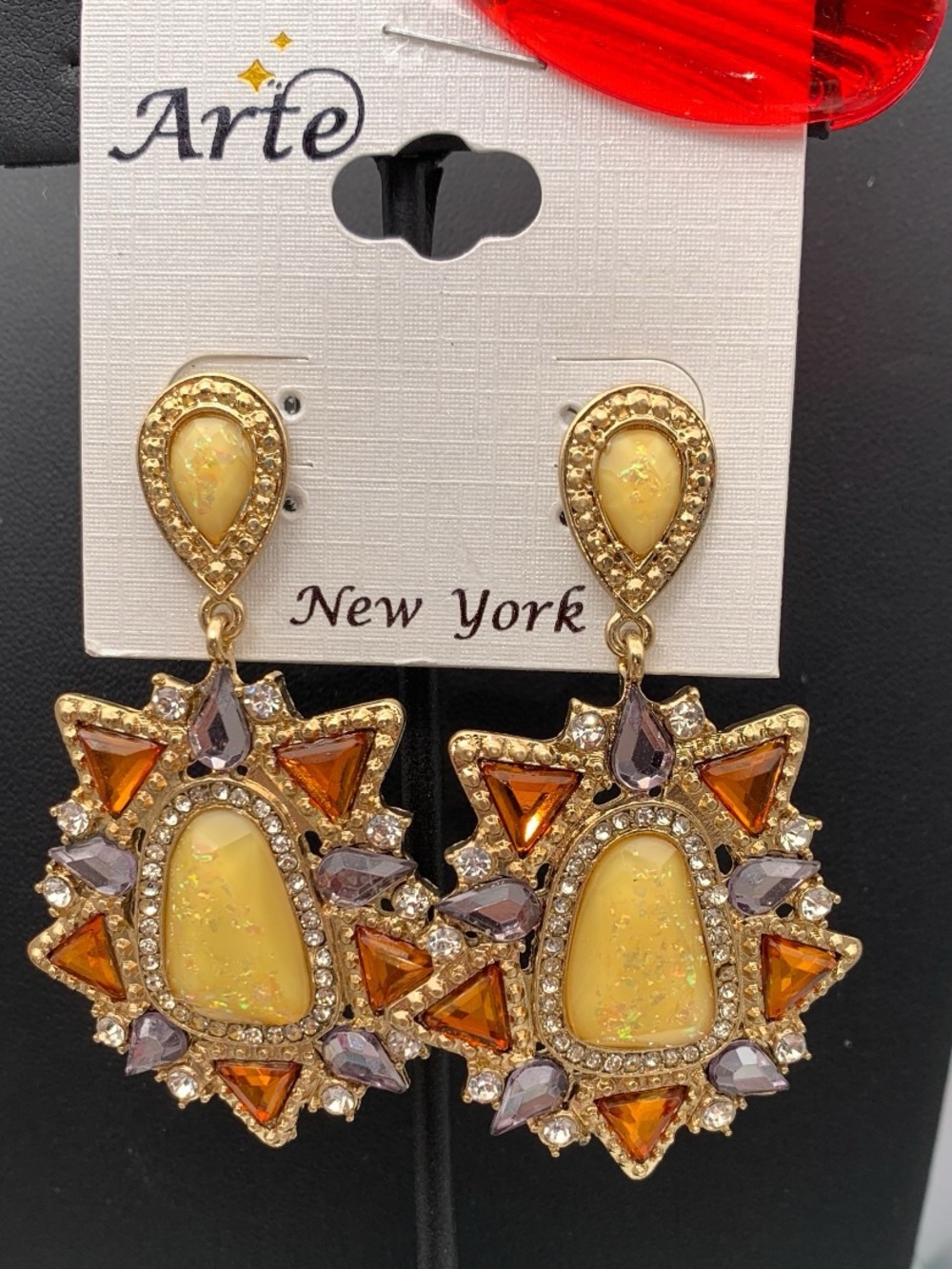 NWT Gold-Tone Yellow faux Opal Drop Earrings with Amber and Lavender Accents